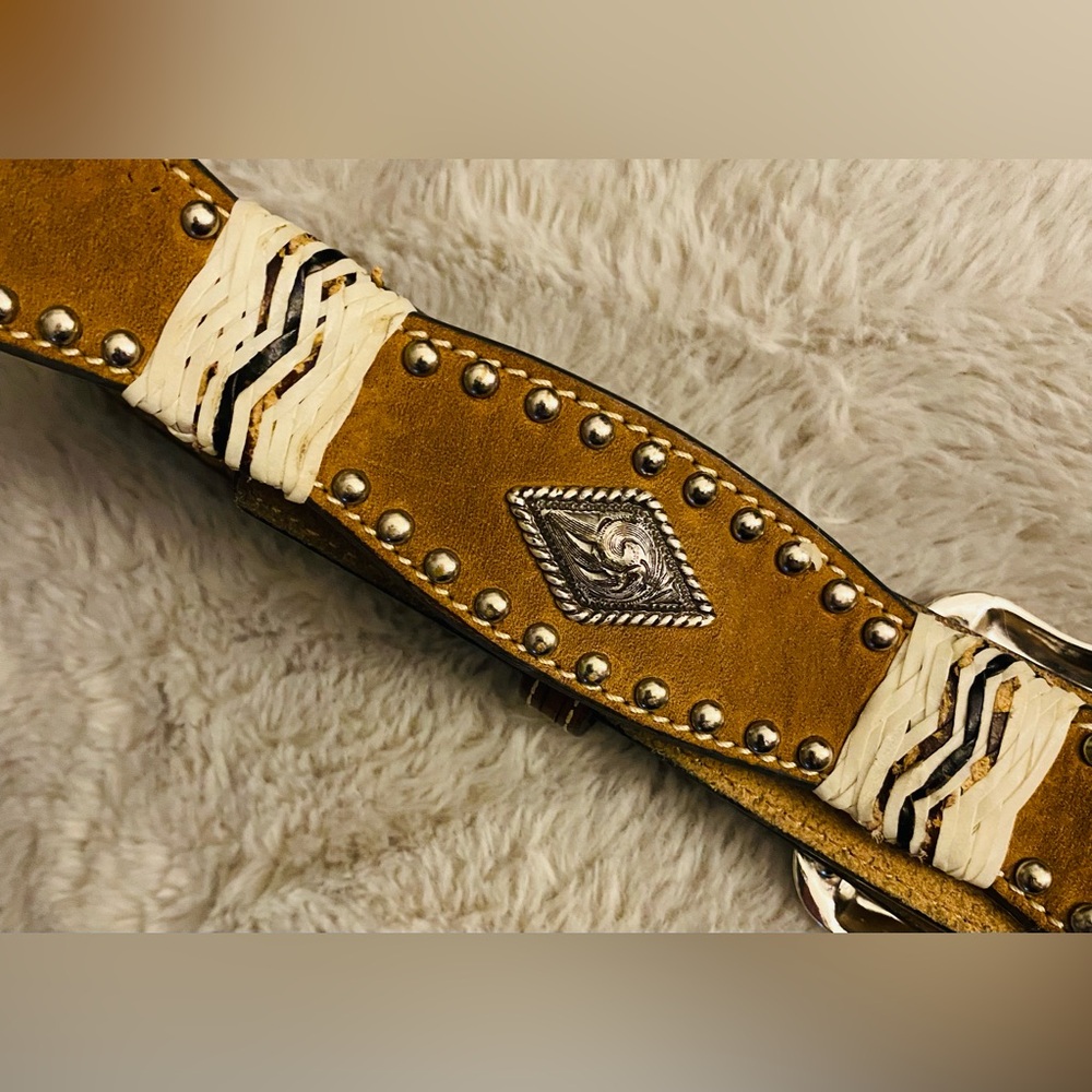 NWOT Nocona Mens Scalloped Basketweave Rawhide Laced Diamond Concho Belt - Picture 16 of 16